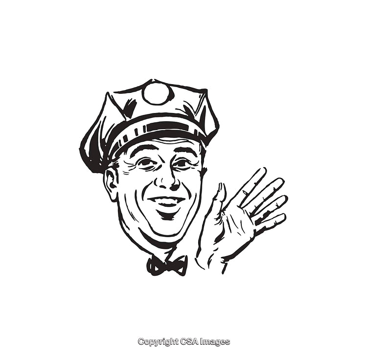 Retro Black and White Illustration of a Cheerful Policeman Waving Hand