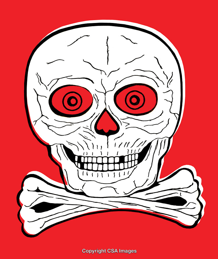 Illustrated Skull with Crossbones on Red Background for Design or Symbol Use