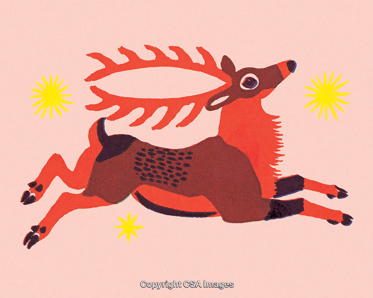 Stylized Illustration of a Vibrant Deer Leaping With Sunbursts on a Soft Background
