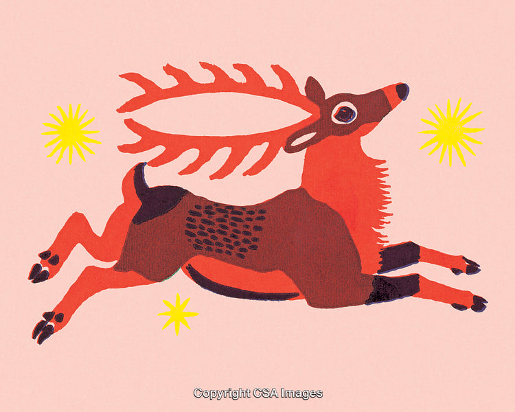 Stylized Illustration of a Vibrant Deer Leaping With Sunbursts on a Soft Background