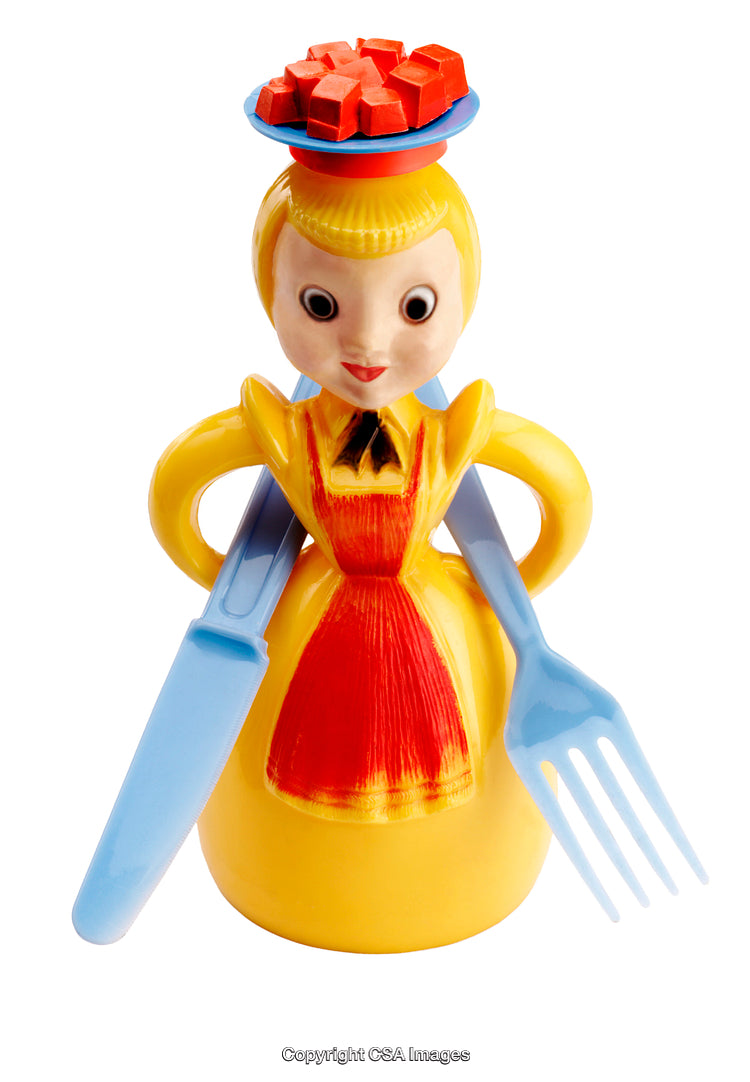 Colorful Ceramic Figurine with Red Details and Blue Plastic Cutlery