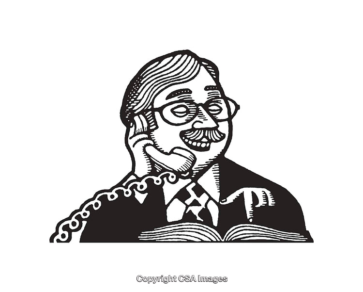Illustrated Businessman Talking on Telephone with Open Book