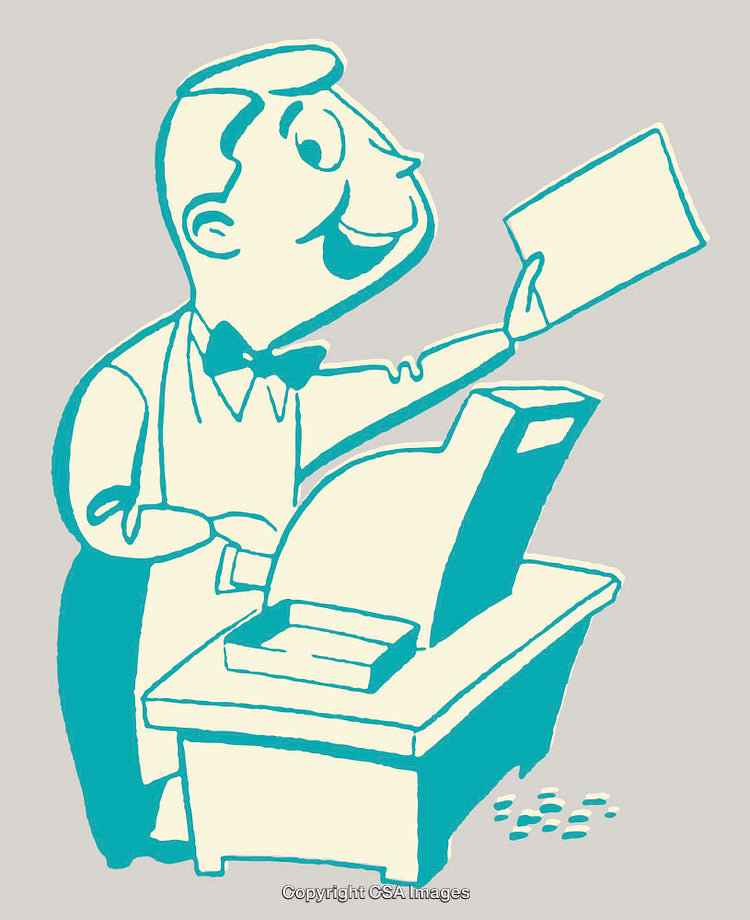 Retro Styled Line Art Illustration of a Happy Store Clerk