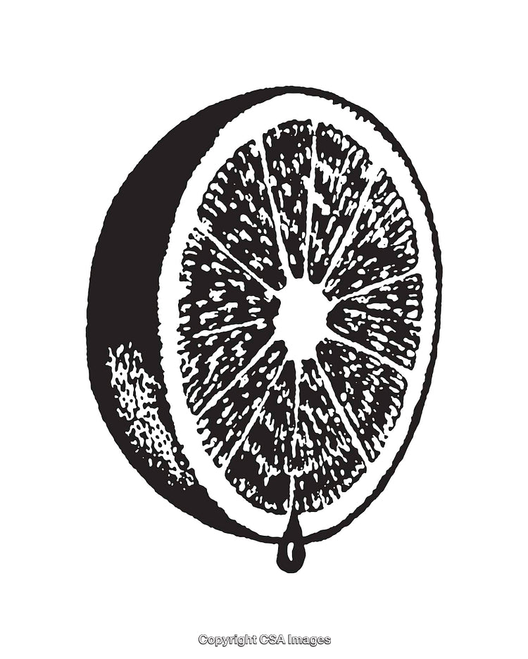 Black and White Line Art Illustration of a Sliced Orange With Droplet