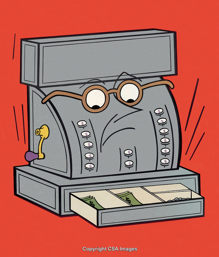 Cartoon Cash Register With Surprised Face and Open Drawer on Red Background
