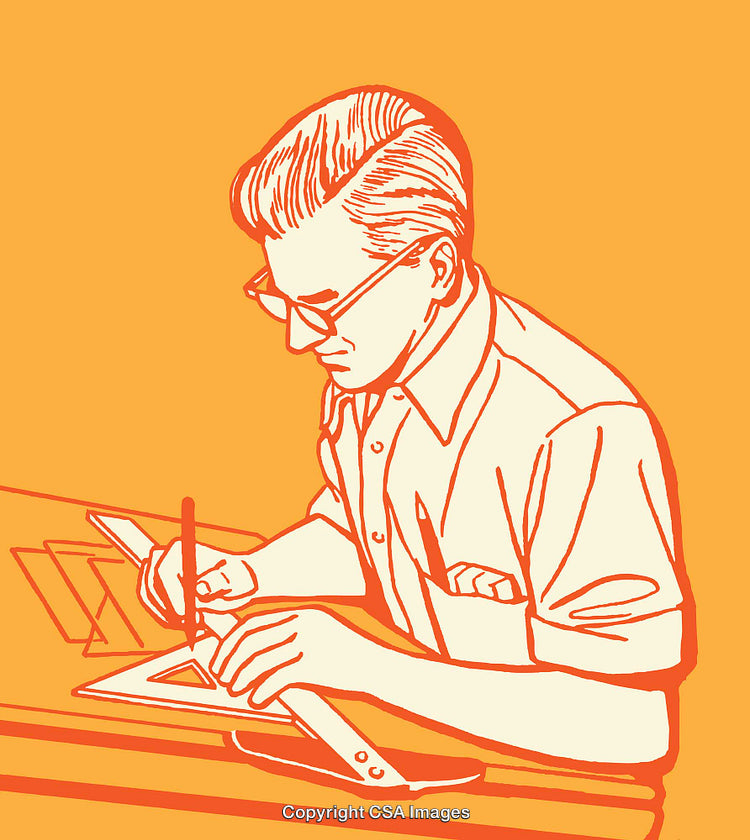 Retro-Style Illustration of Man Drafting at a Design Table