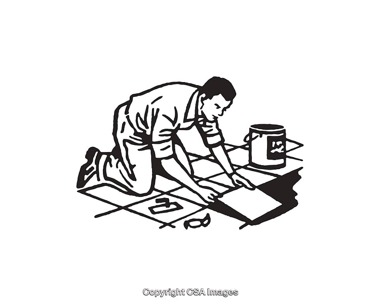 Black and White Illustration of a Worker Installing Floor Tiles