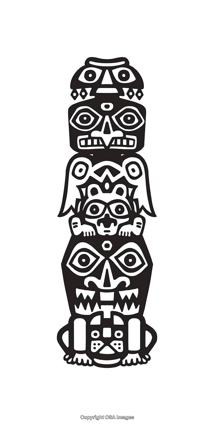 Abstract Totem Pole Line Art with Intricate Black and White Details