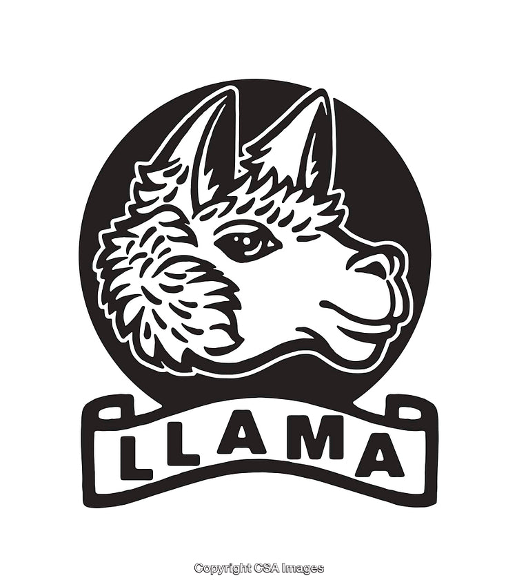 Black and White Line Art Illustration of a Llama in Circular Emblem Design