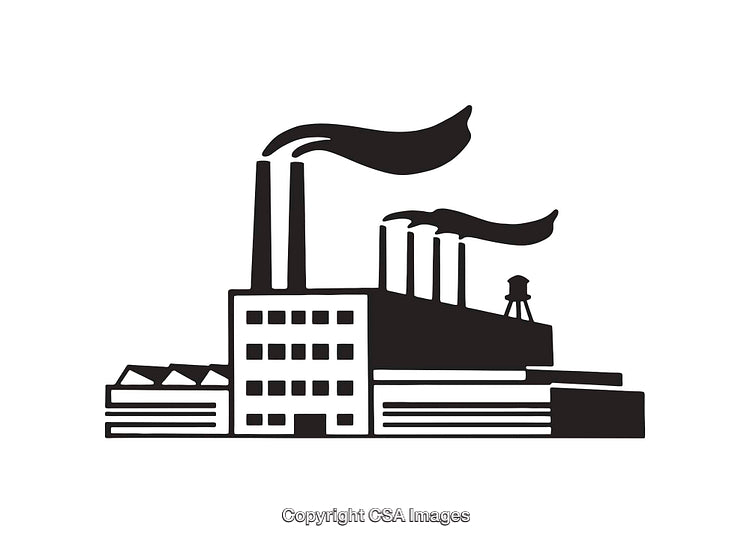 Black and White Illustration of a Factory with Smoke Stacks