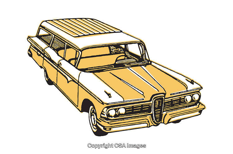 Yellow Classic Car Illustration in Retro Artistic Style