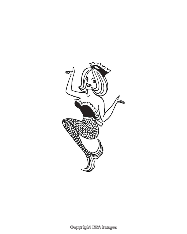 Retro Style Black and White Illustration of a Mermaid Character