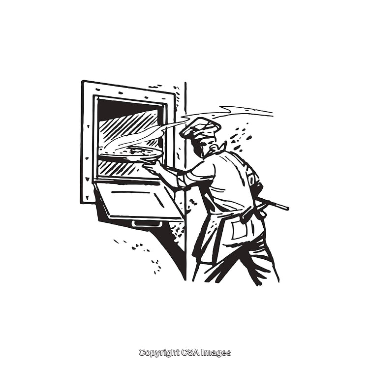 Illustration of a Baker Preparing Pizza in an Oven