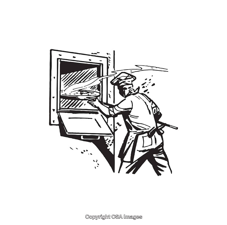 Illustration of a Baker Preparing Pizza in an Oven