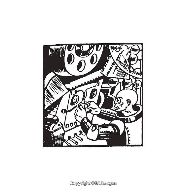 Intricate Black and White Illustration of Futuristic Machine and Operator