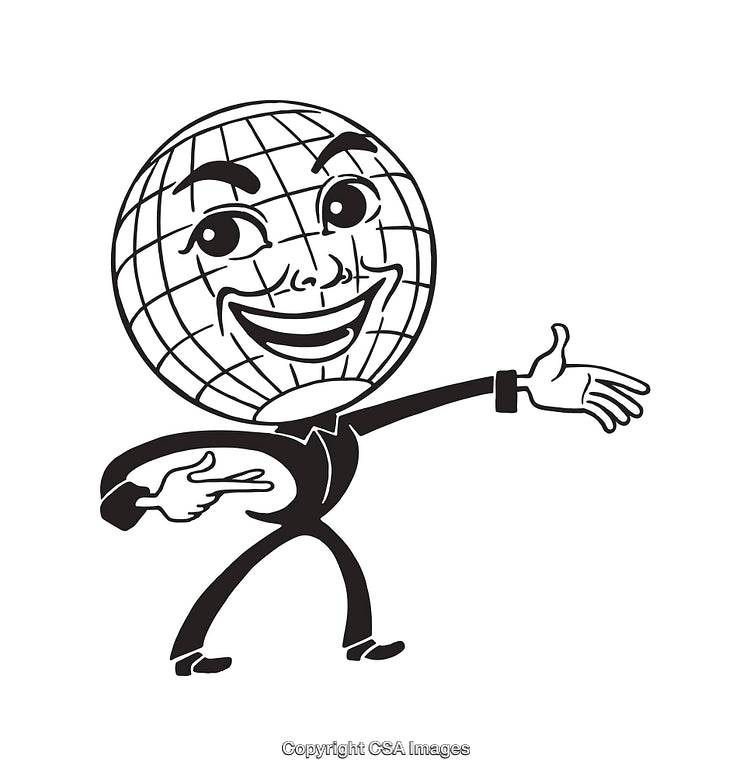 Black and White Illustration of a Globe Character Pointing and Smiling