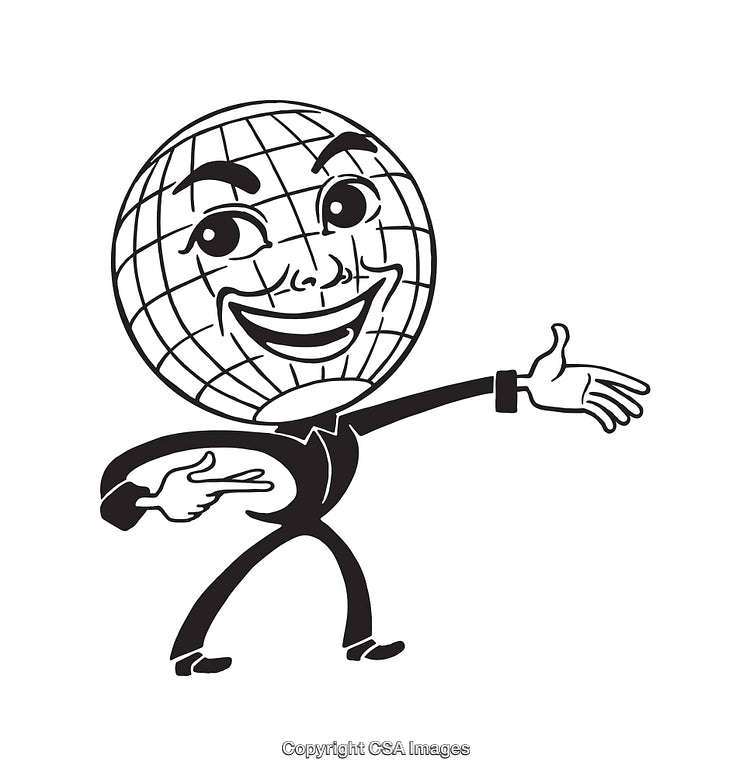 Black and White Illustration of a Globe Character Pointing and Smiling