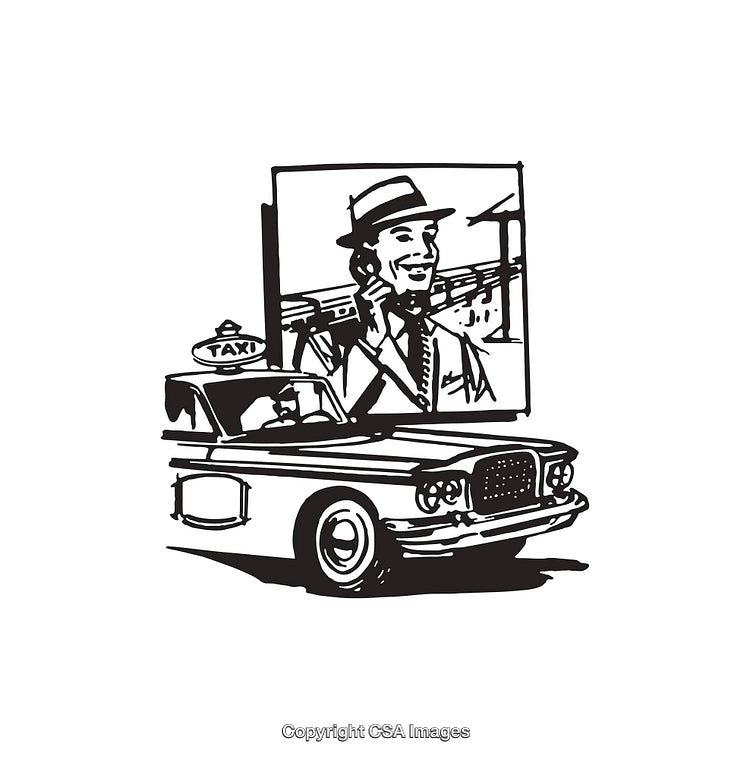 Retro Illustration of a Vintage Taxi and a Smiling Man Holding a Phone