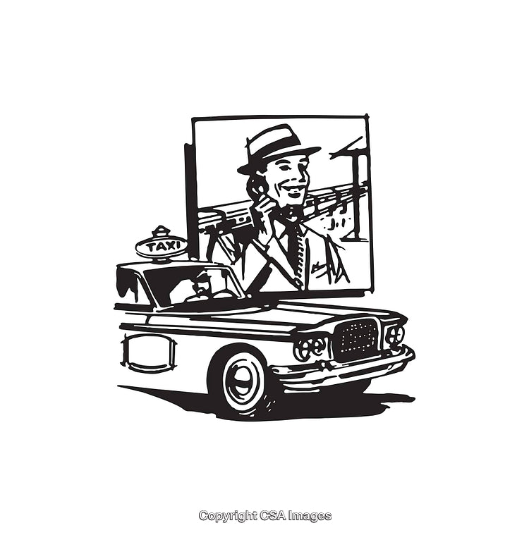 Retro Illustration of a Vintage Taxi and a Smiling Man Holding a Phone