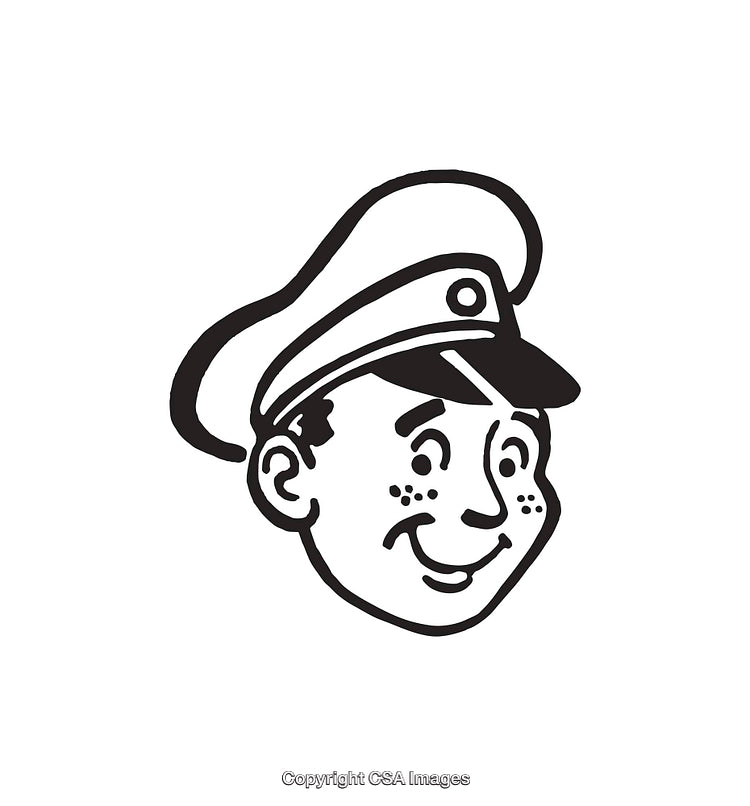 Retro Cartoon Illustration of a Smiling Character in a Uniform Hat