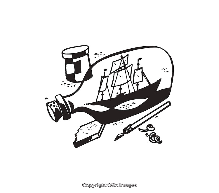Black and White Illustration of a Ship Inside a Broken Bottle