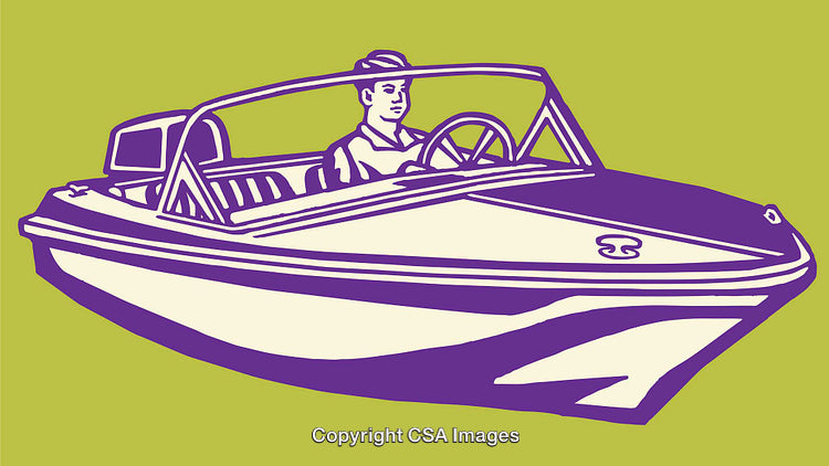 Colorful Retro Line Art Illustration of a Man Driving a Motorboat