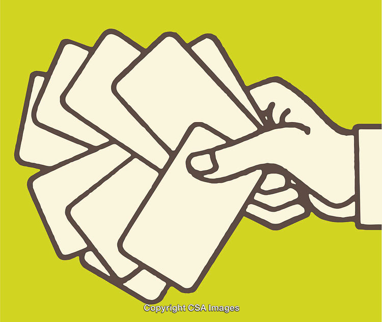 Hand Holding Multiple Cards on Yellow Background Illustration