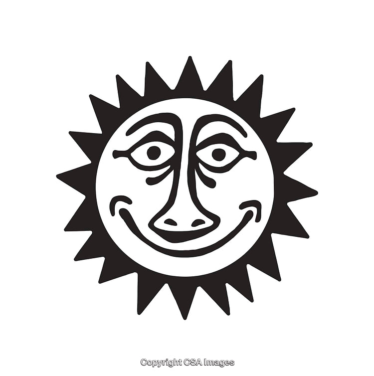 Black And White Illustration of a Smiling Sun with Radiant Design