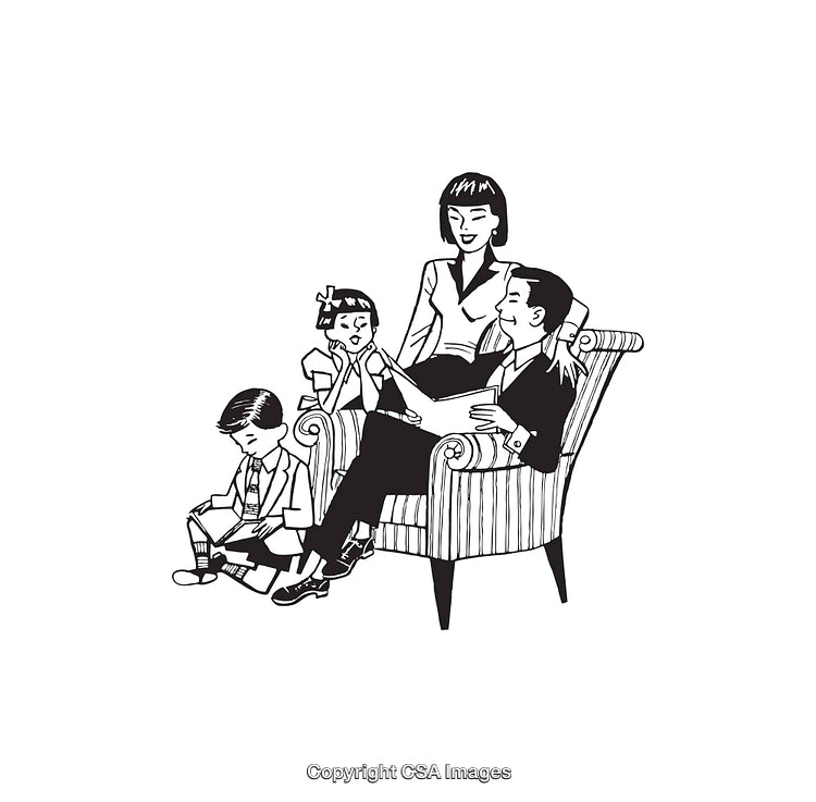 Vintage Black and White Family Sitting and Reading Together Illustration