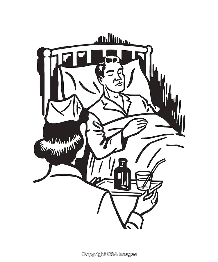 Medical Scene Illustration with Patient and Nurse in Black and White