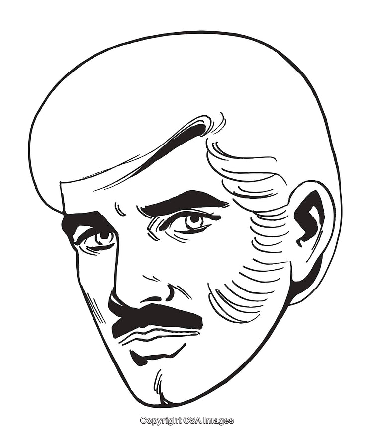 Vintage Comic Style Male Portrait with Facial Hair and Serious Expression