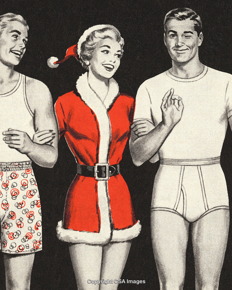 Vintage Illustration of Santa-Clad Woman and Two Men in Holiday Attire