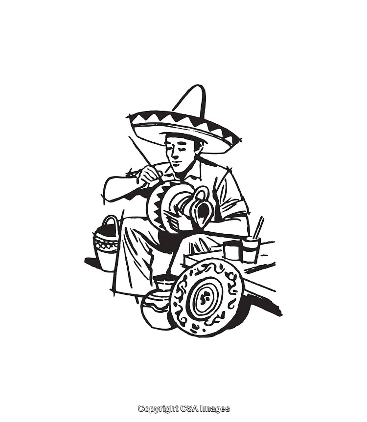 Traditional Line Art Depicting Craftsman with Hat and Handmade Tools