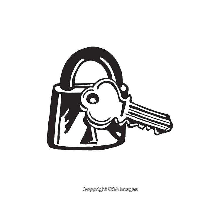 Black and White Line Art of a Lock With Key Design
