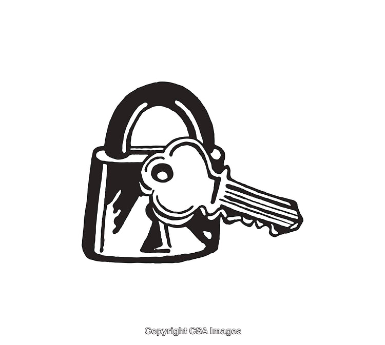 Black and White Line Art of a Lock With Key Design