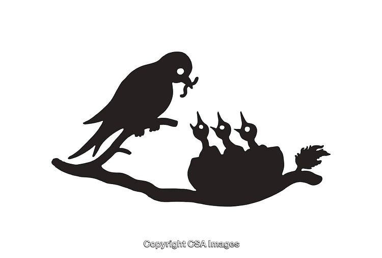 Bird Feeding Chicks in Nest Silhouette on Branch
