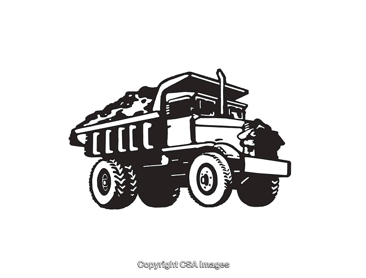 Black and White Line Art of Dump Truck with Material Loaded