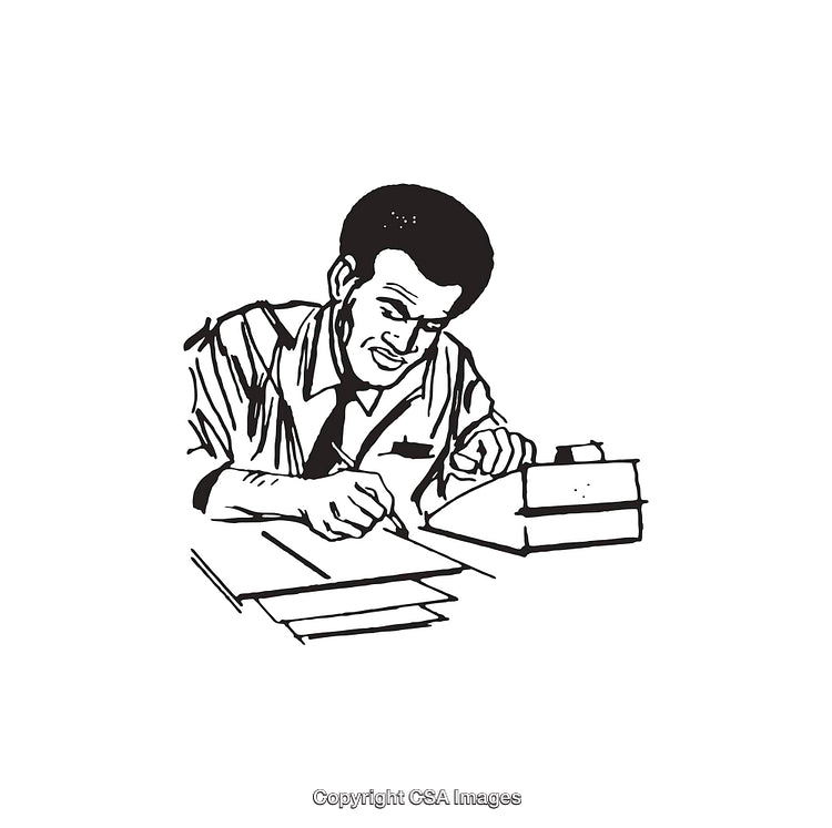 Black and White Illustration of a Man Writing at a Desk