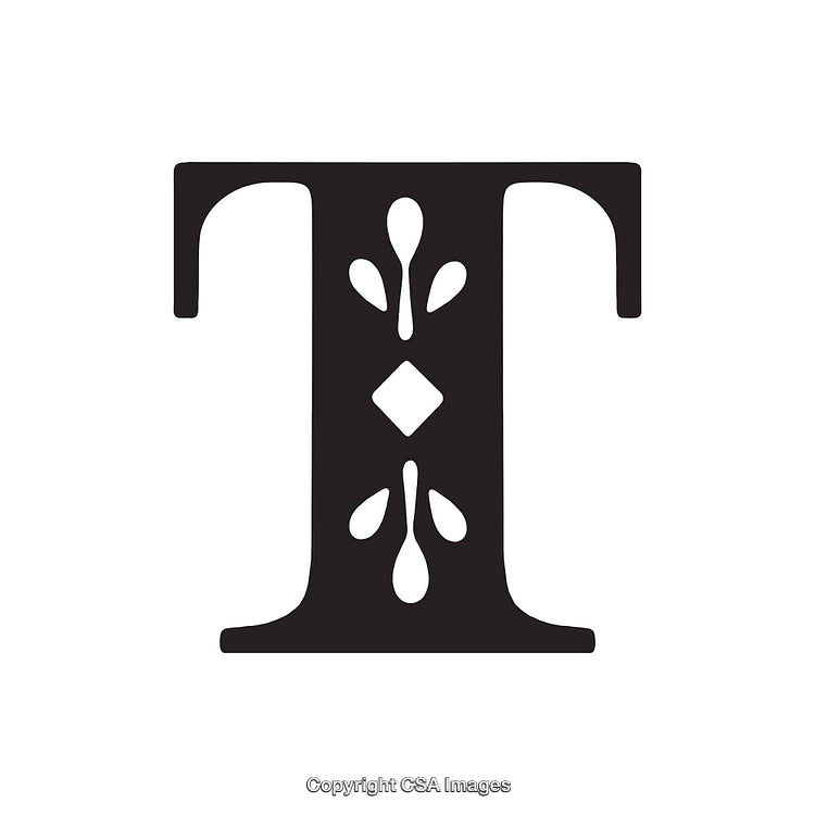 Ornate Black Letter T with Decorative Patterns on White Background