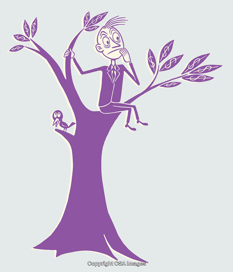 Concerned Businessman Sitting in a Tree in Illustration Style