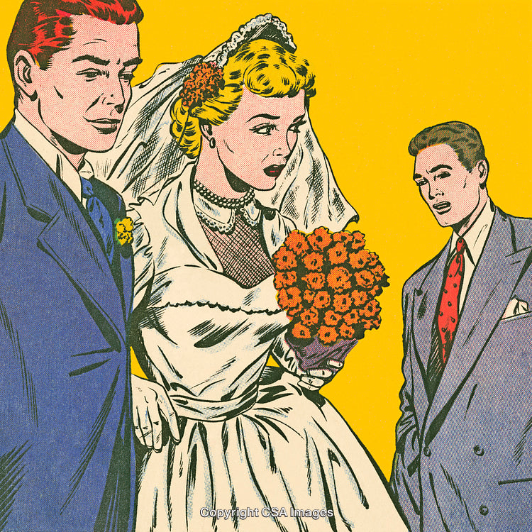 Retro Comic Illustration of a Bride and Groom with a Surprised Onlooker