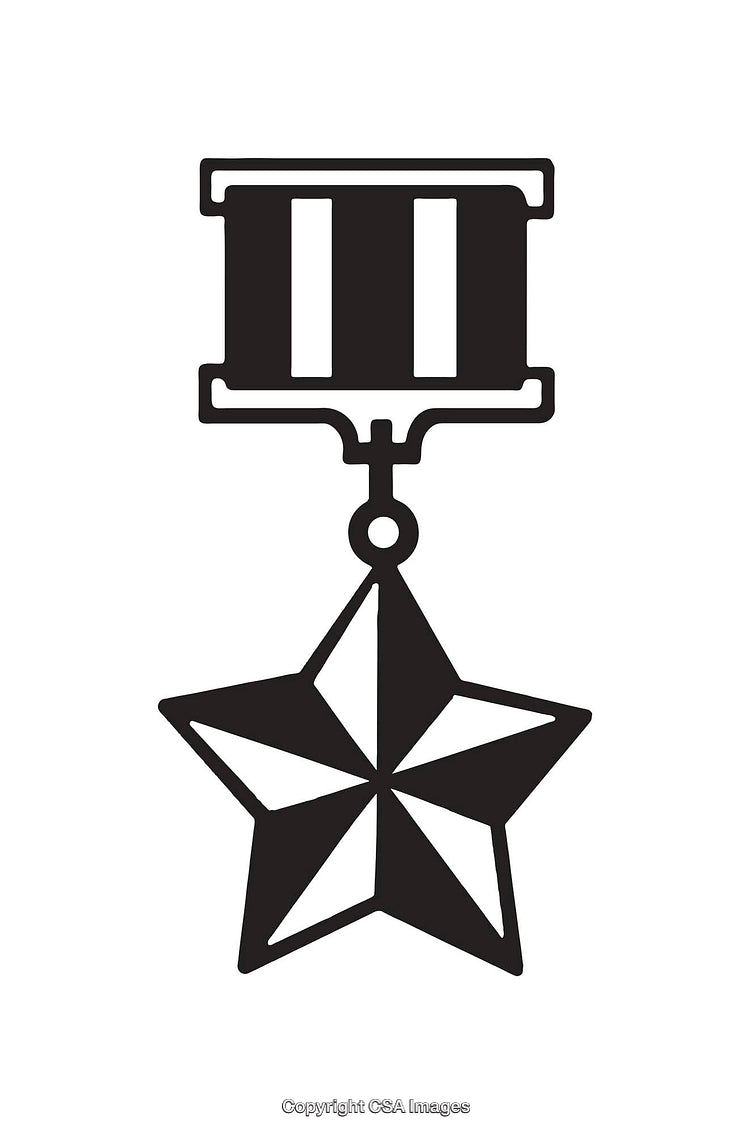 Black and White Military Medal Icon Featuring a Star and Ribbon Design