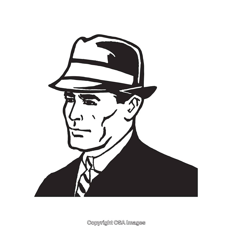 Black and White Line Art of a Man in a Fedora Hat