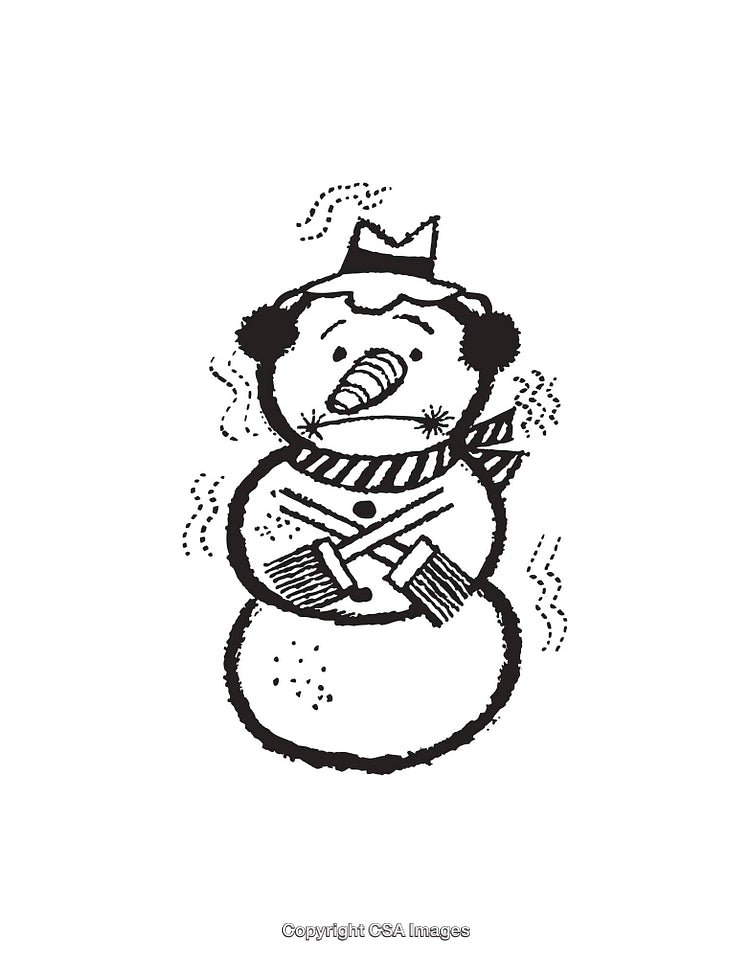 Playful Black And White Line Art Illustration of a Snowman Character