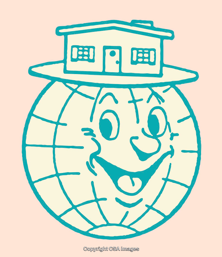 Smiling Globe Line Art Illustration With Cartoon Style House Hat
