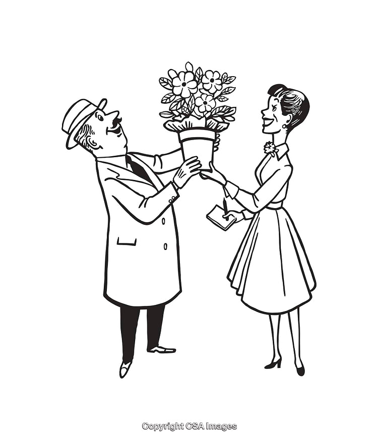 Vintage Black and White Illustration of a Couple with Flower Gift