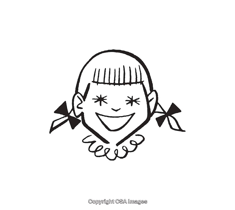 Black and White Line Art Illustration of a Cheerful Girl with Pigtails