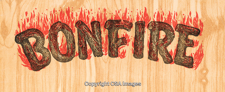 Burning Wood Text Effect Featuring Bonfire Flames on Wooden Background