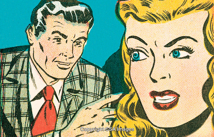 Retro Comic Style Illustration of Two Characters in a Conversation