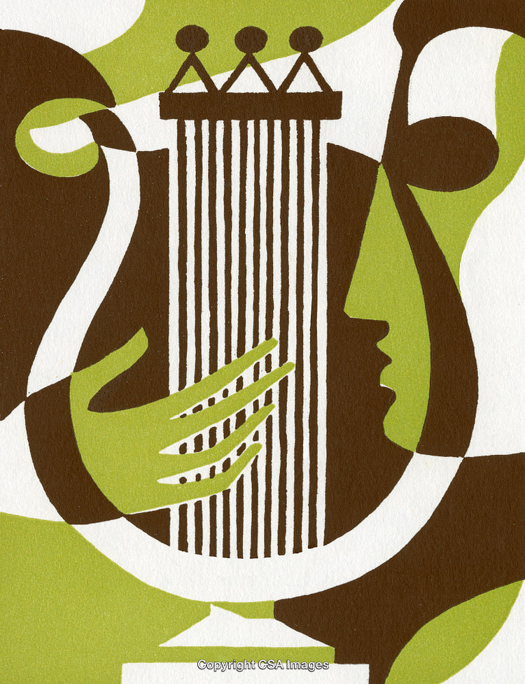 Modern Abstract Artwork Depicting Faces and a Musical Instrument in Bold Colors